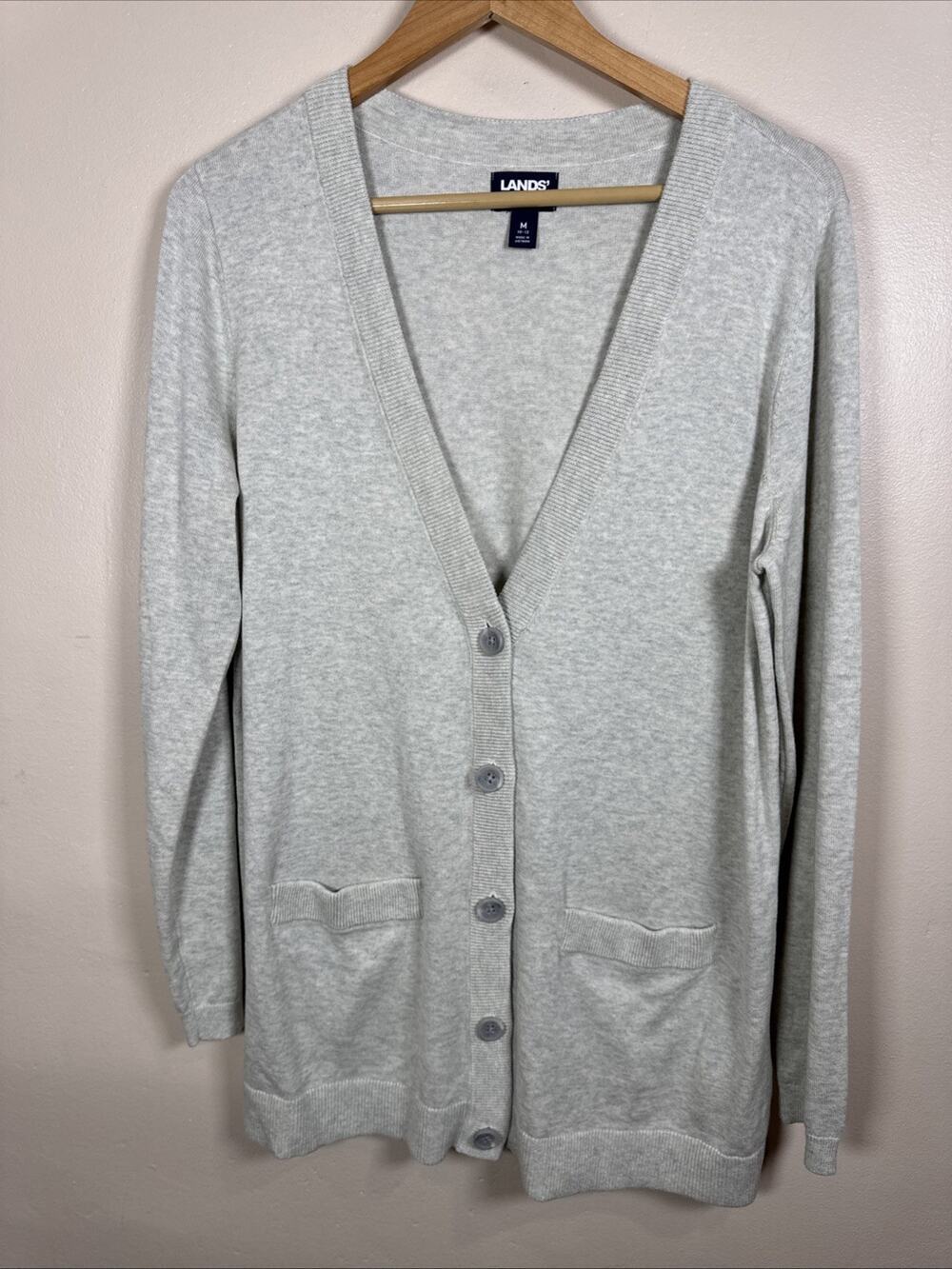 Lands End Womens Long Cardigan Button Front 100% Cotton Knit Preppy Coastal M